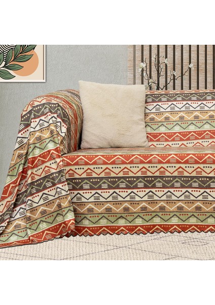 Softmicro Etnik Desenli Boho 180X220 cm Koltuk Örtüsü Şalı, Kanepe Örtüsü, Tv Battaniyesi Doğal Renk