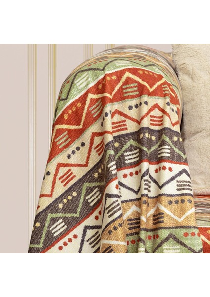 Softmicro Etnik Desenli Boho 180X220 cm Koltuk Örtüsü Şalı, Kanepe Örtüsü, Tv Battaniyesi Doğal Renk