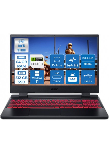 Nitro 5 AN515-58 Intel Core i5 12500H 64GB 512GB SSD 4GB RTX3050Ti Windows 11 Home 15.6″ FHD 144Hz Taşınabilir Bilgisayar NH.QFLEY.001007