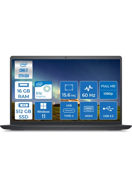 Inspiron 3520 Intel Core i7 1255U 16GB 512GB SSD Windows 11 Pro 15.6" FHD Taşınabilir Bilgisayar I35201013U012