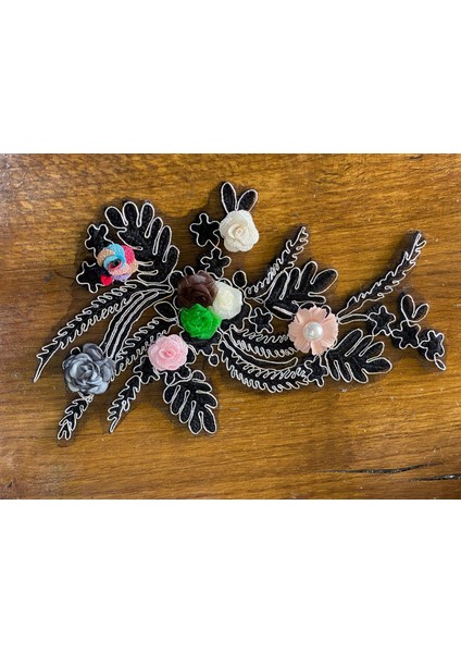 29X17 cm Siyah Güpür Nakış Işleme Renkli Çiçekli Aplike Dikiş ve Hobi Aksesuarı