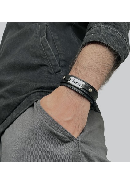 Tamer İsmine Özel Deri 925 Gümüş Plakalı Bileklik
