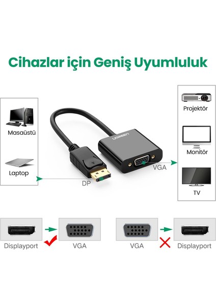 Displayport Erkek To VGA Dişi Görüntü Dönüştürücü Siyah
