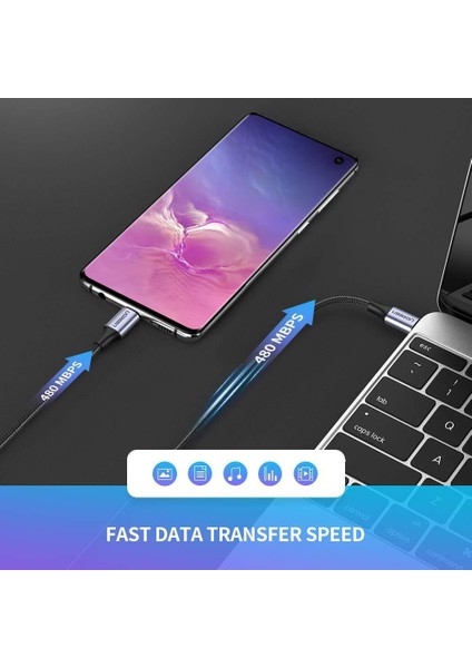 USB-C to USB-C 60W 3A QC PD Örgülü Hızlı Şarj Kablosu, 2 Metre, Siyah - 50152