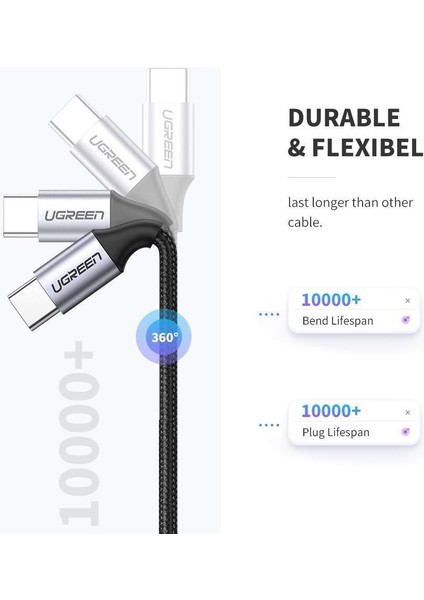 USB-C to USB-C 60W 3A QC PD Örgülü Hızlı Şarj Kablosu, 2 Metre, Siyah - 50152