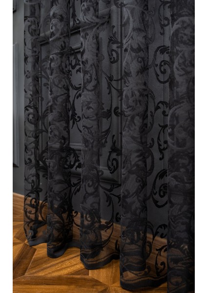 Taç Şal Desen Kullanıma Hazır 1/2 Seyrek Pile Tül Perde Tek Kanat - Siyah 100 x 250 cm