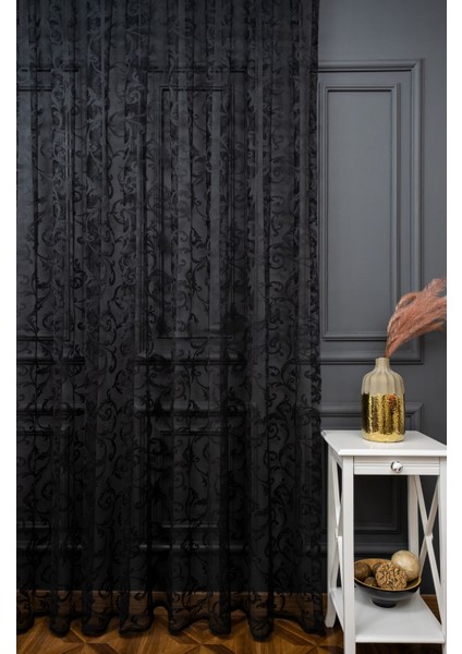 Taç Şal Desen Kullanıma Hazır 1/2,5 Normal Pile Tül Perde Tek Kanat - Siyah 340 x 260 cm