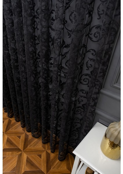Taç Şal Desen Kullanıma Hazır 1/2,5 Normal Pile Tül Perde Tek Kanat - Siyah 340 x 260 cm fiyatları