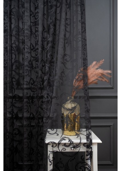 Taç Şal Desen Kullanıma Hazır 1/2,5 Normal Pile Tül Perde Tek Kanat - Siyah 340 x 260 cm fırsatları