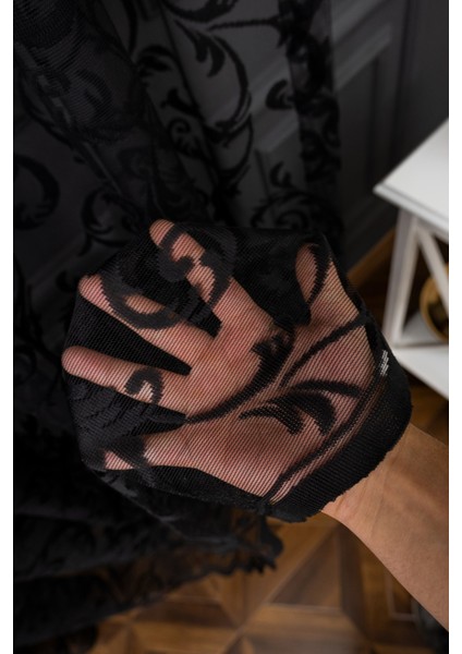 Taç Şal Desen Kullanıma Hazır 1/2,5 Normal Pile Tül Perde Tek Kanat - Siyah 340 x 260 cm indirimleri