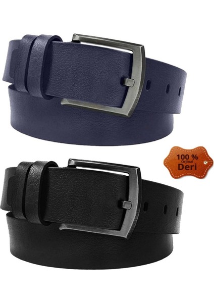 2 Adet 100 % Hakiki deri Siyah ve lacivert Erkek Kot Kemer 4,5 cm