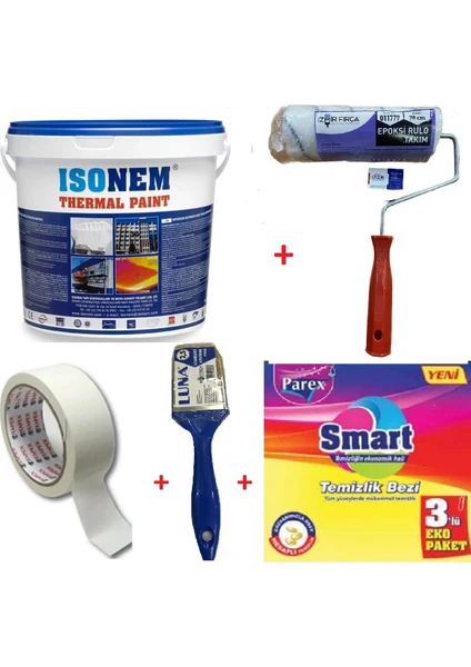 Isonem Termal Paint Isı Yalıtım Boyası + Izmir Fırça Epoksi Rulo 20 cm + Izmir Fırça Luna 2.5 cm Kestirme Fırça + 3 cm Maskeleme Bandı +Parex Smart 3 Lü Eko Paket Temizlik Bezi Set