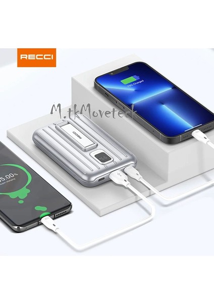 MTK Moveteck Apple 11-12-13-14-Pro-Max Uyumlu Manyetik Standlı Silver Power Bank Güç Istasyonu Dijital Göstergeli 10000 Mah Magsafe