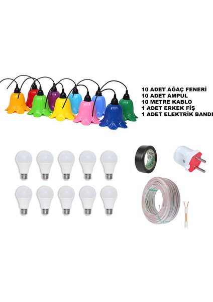 LED Dekoratif Renkli Ağaç Feneri 10'lu + Ampul + Kablo + Izole Bant Su Geçirmez
