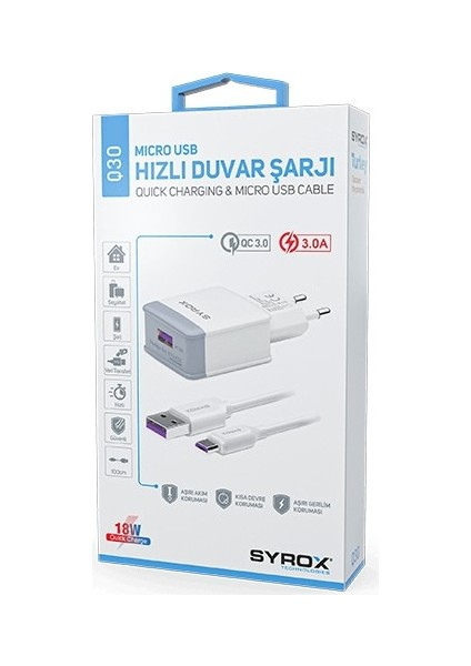 Ssm_ Hiking A1 Uyumlu Mikro USB Girişli 3.0 Amper Adaptör+Kablo Şarj Aleti -Q30