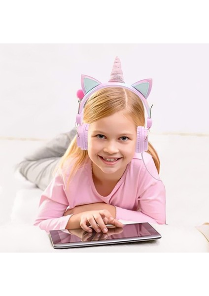 Yeni Nesil Kablosuz Sevimli Unicorn Kız Çocuk Kulaklığı Wirelles Bluetooth Mavi