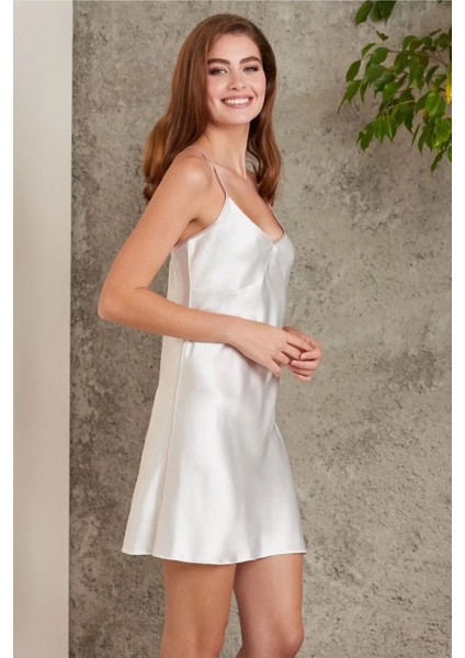 Saten 4lü Gecelik Sabahlık Şort Seti Ekru 7200