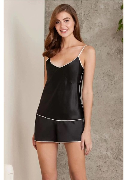 Saten 4lü Gecelik Sabahlık Şort Seti Siyah 7200