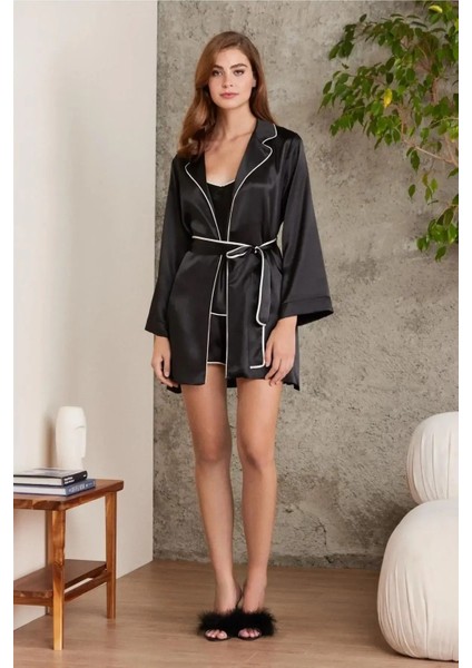 Saten 4lü Gecelik Sabahlık Şort Seti Siyah 7200 modelleri