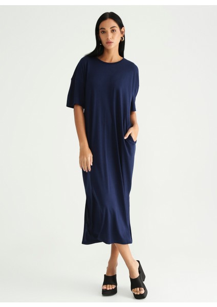 Lacivert Kadın Bisiklet Yaka Midi Basic Ev Elbisesi K-CORIN modelleri