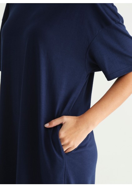 Lacivert Kadın Bisiklet Yaka Midi Basic Ev Elbisesi K-CORIN fırsatları