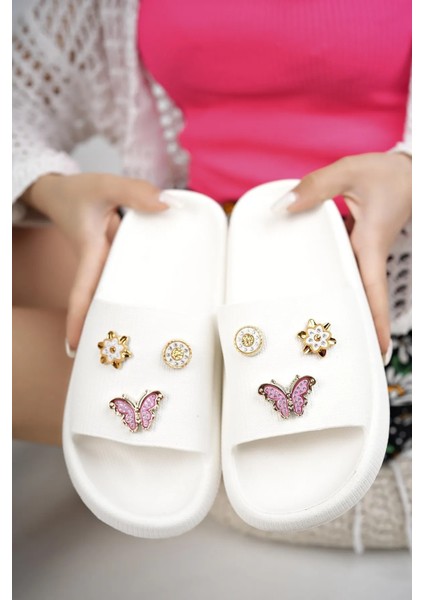 Angel Taş Tokalı Yumuşak Tabanlı Beyaz Kadın Terlik