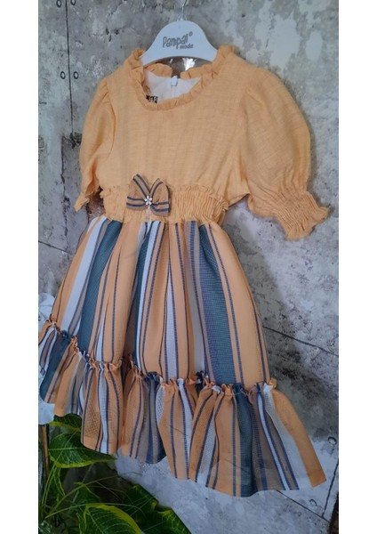 Kız Çocuk Yarımkol Çizgili Taçlı Elbise