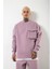 Süper Oversize Cepli Bisiklet Yaka Basic Sweatshirt Kirli Pembe 2