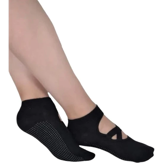 4 Çift Kadın Bilekli ve Çapraz Bantlı Kaydırmaz Taban Dans Yoga Plates Çorap