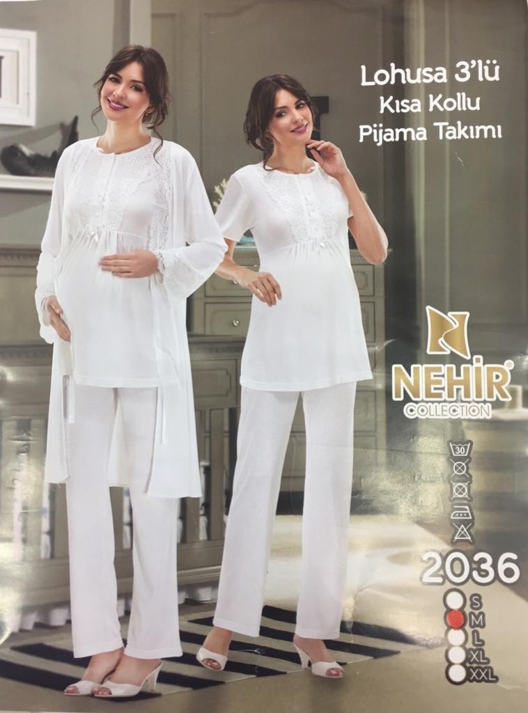 Nehir 2036 Ecru Hamile Lohusa 3lü Pijama Sabahlık Takım