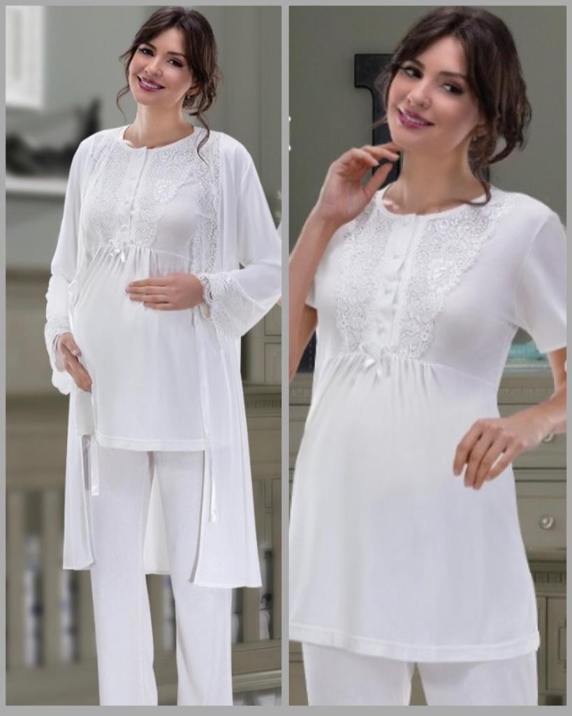 Nehir 2036 Ecru Hamile Lohusa 3lü Pijama Sabahlık Takım görsel 5