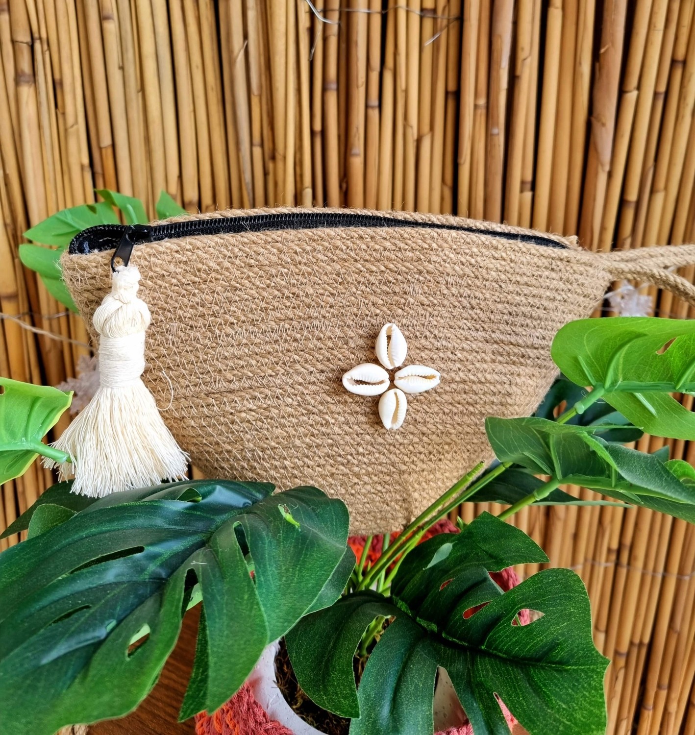 Zuviel Deco El Yapımı Hasır Püsküllü Fermuarlı Minibag, El Çantası, Mini Çanta