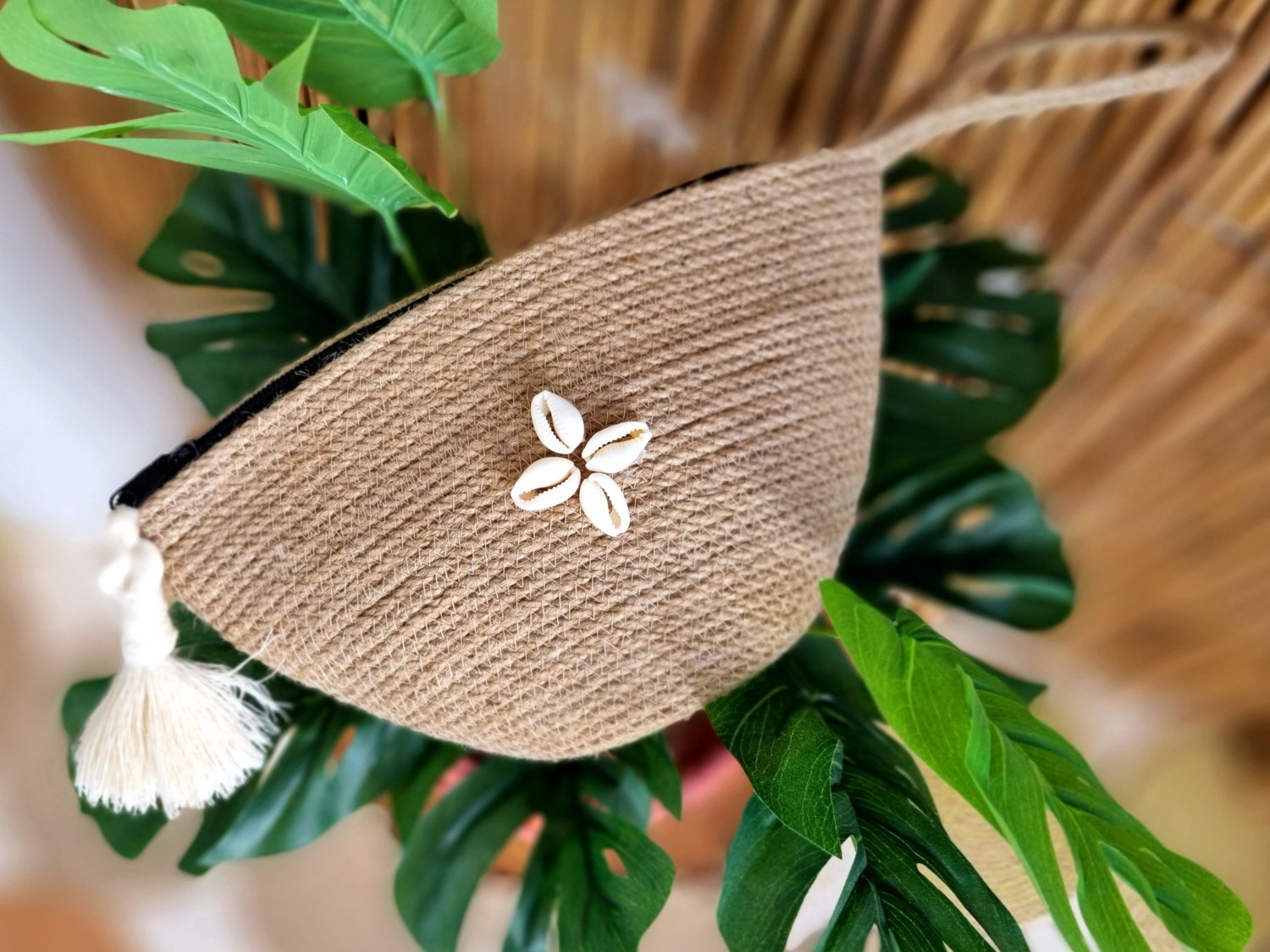 Zuviel Deco El Yapımı Hasır Püsküllü Fermuarlı Minibag, El Çantası, Mini Çanta görsel 3