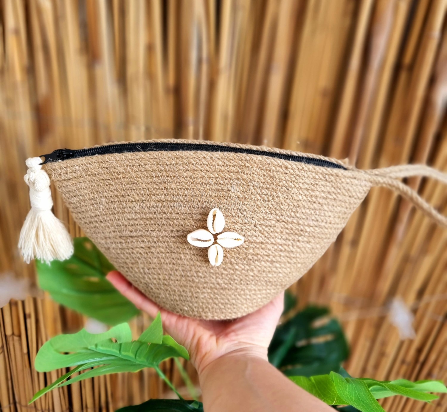 Zuviel Deco El Yapımı Hasır Püsküllü Fermuarlı Minibag, El Çantası, Mini Çanta görsel 5