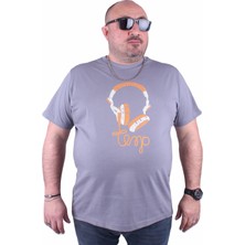Starbattal Büyük Beden Sıfır Yaka Tişört Headphone 23172 Gri