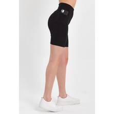 Banega Çift Cepli Yüksek Bel Toparlayıcı Biker Şort Kısa Spor Siyah Tayt