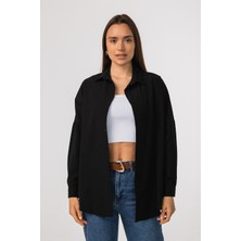 Aygüsh Oversize Uzun Basic Siyah Kadın Gömlek