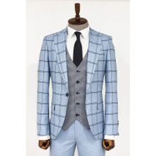 Wessi Açık Mavi Ekoseli Desenli Yelekli Takım Elbise