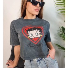 RYN Tasarım Kadın Betty Boop Kalp Detaylı Kısa Kol T-Shirt