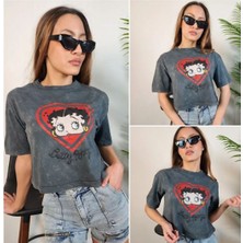 RYN Tasarım Kadın Betty Boop Kalp Detaylı Kısa Kol T-Shirt