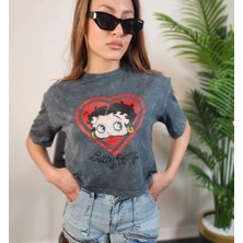 RYN Tasarım Kadın Betty Boop Kalp Detaylı Kısa Kol T-Shirt