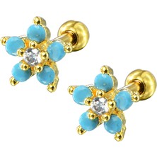 By Dilek Çetin Accessory Çelik Firuze Taşlı Çiçek Model Kıkırdak Helix Tragus Piercing(1 Adet)