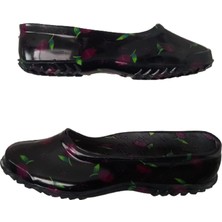 Emek Lastik Kadın Siyah-Mor Laleli Çiçek Desenli Kaymaz Taban Iş Ayakkabısı