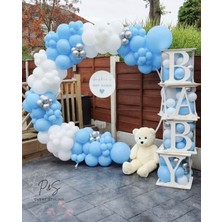 Eğlence Marketi Krom Gümüş Makaron Mavi ve Beyaz Balon Zinciri 100 Adet