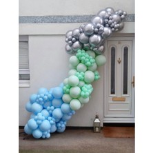 Eğlence Marketi Krom Gümüş Makaron Mavi ve Mint Yeşili Pastel Balon Zinciri 100 Adet