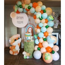 Eğlence Marketi Tilki Konsept Renklerinde Pastel Somon Mavi Turuncu Metalik Koyu Yeşil Renklerinde Balon Zincir