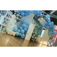 Eğlence Marketi Krom Gümüş Makaron Mavi ve Beyaz Balon Zinciri 100 Adet