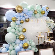Eğlence Marketi Krom Gold Makaron Mavi ve Mint Yeşili Balon Zinciri 100 Adet