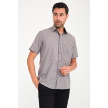 Fitmens Klasik Kısa Kol Açık Zemin Kutu Desen Keten Cotton Hediye Kutulu Erkek Gömlek FS-000745 - Gri