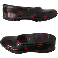 Emek Lastik Kadın Siyah-Kırmızı Laleli Çiçek Desenli Kaymaz Taban Iş Ayakkabısı